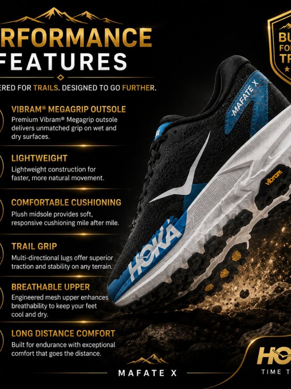 HOKA Mafate X Black Blue Vibram Trail Running Shoes - Picture 9 of 16